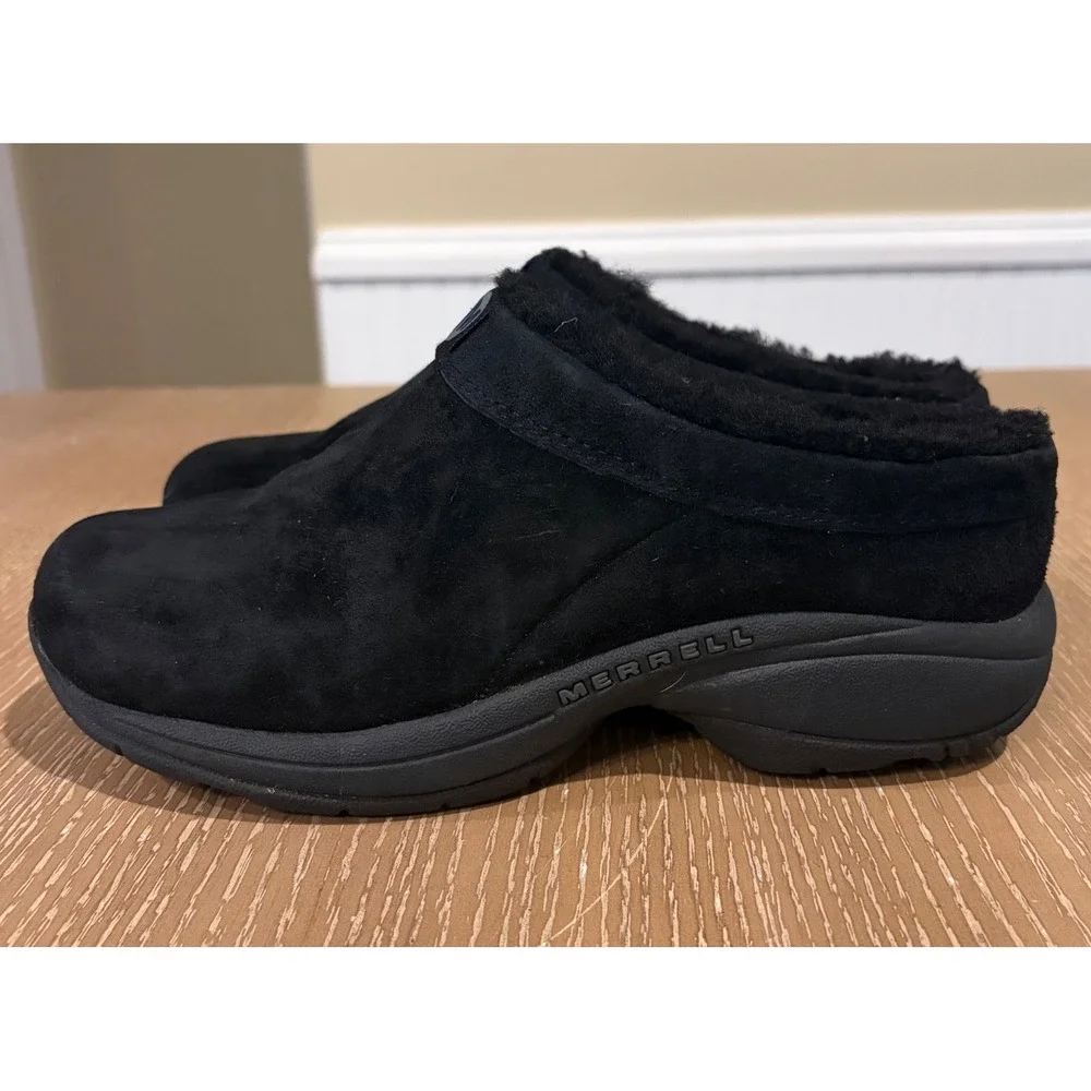 Merrell Women's 7 Black Suede Faux Fur Lined Slip On Clogs Comfort Shoes - Picture 3 of 7